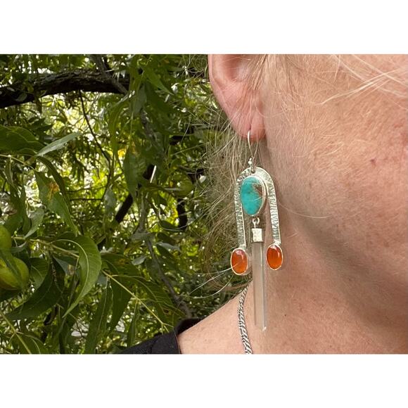 Kingman Turquoise Nepali Quartz Crystal Carnelian Sterling Silver Earrings - Picture 5 of 5